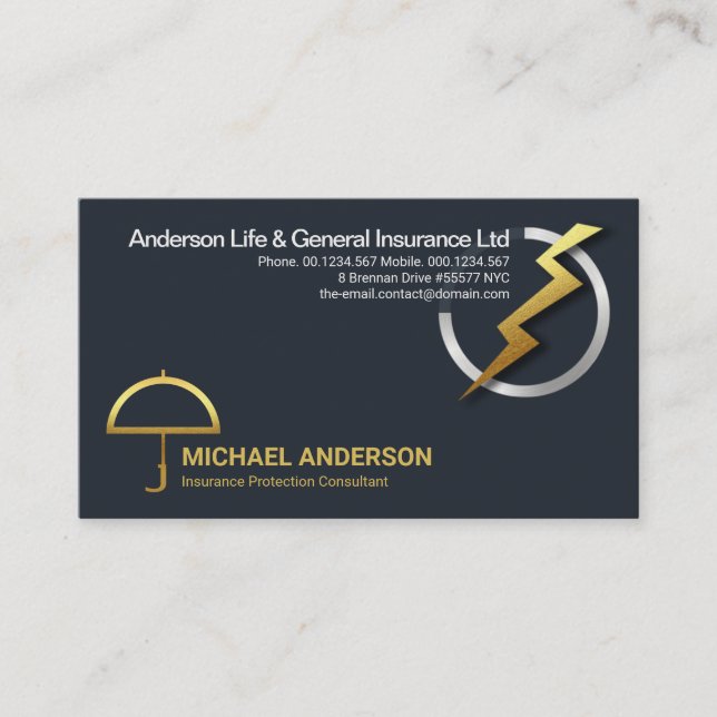 Gold Lightning Silver Globe Insurance Protection Business Card (Front)
