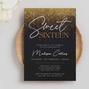 Gold Lights Black Sweet 16 Invitation