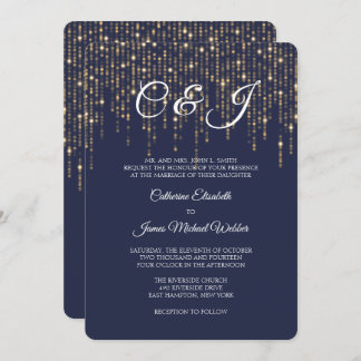Gold Lights, Midnight Blue, Elegant Wedding Invitation