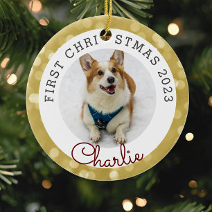 Gold Lights Pet's First Christmas Photo Ceramic Ornament