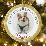 Gold Lights Pet's First Christmas Photo Ceramic Ornament<br><div class="desc">Custom-designed pet's first Christmas photo ornament featuring custom pet's photo and name on gold Christmas lights background.</div>