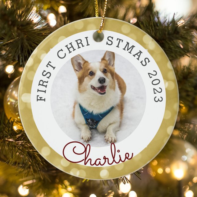 Gold Lights Pet's First Christmas Photo Ceramic Ornament (Creator Uploaded)