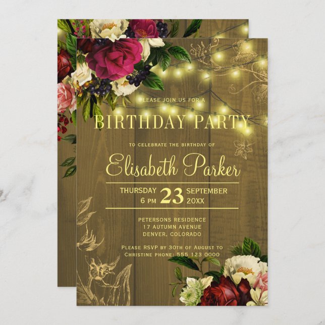 Gold lights wood floral autumn fall birthday party invitation (Front/Back)
