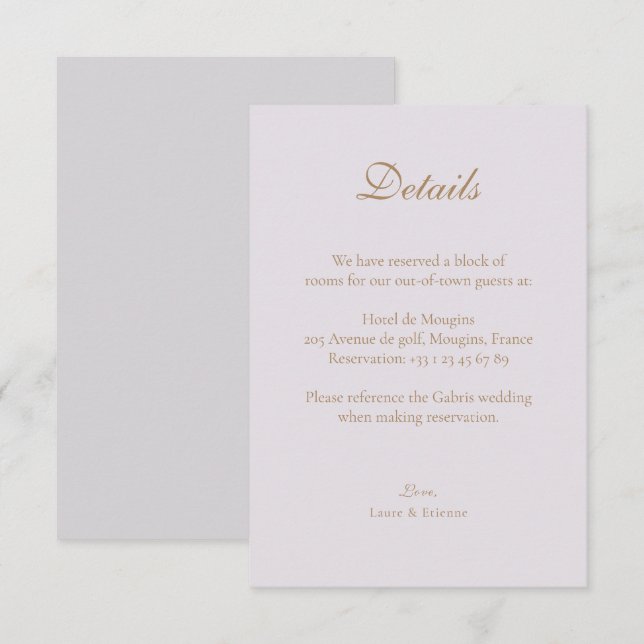Gold Lilac Grey Elegant Wedding Hotel Detail Enclosure Card (Front/Back)