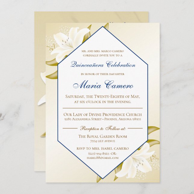 Gold Lilies & Navy Blue Quinceañera Invitation (Front/Back)