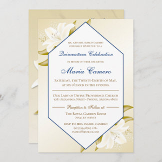 Gold Lilies & Navy Blue Quinceañera Invitation