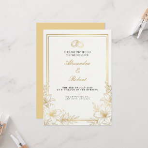 Gold Lily Line Art Wedding Invitation
