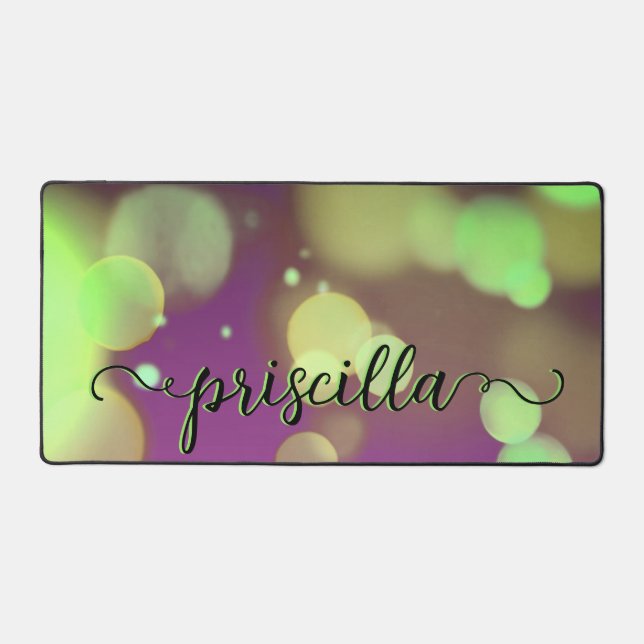 Gold, Lime & Purple Bokeh Desk Mat (Front)