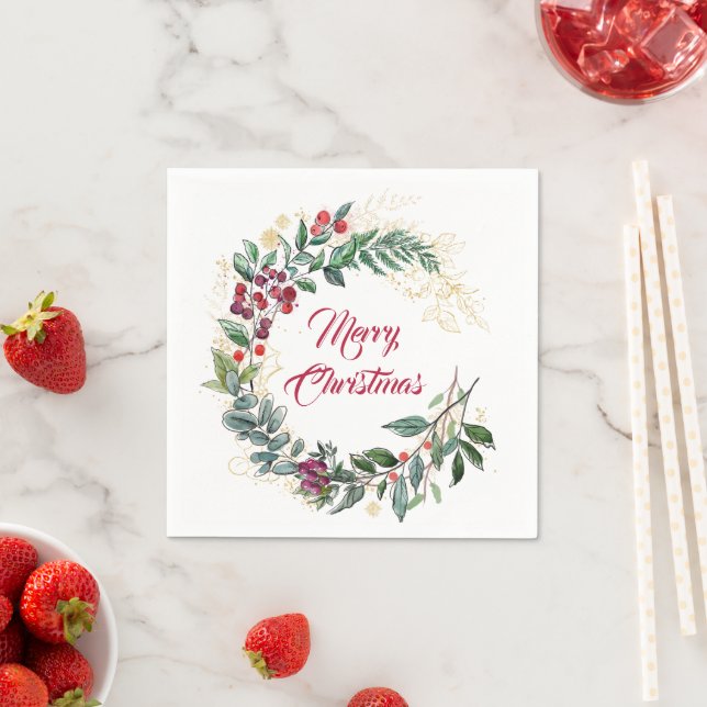 Gold Line Art and Red Berries Christmas Napkin (Insitu)