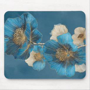 Gold Line Art Blue Poppy Botanical Floral Mouse Pad