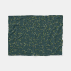 Gold Line Art Botanical Vine Pattern on Dark Green Fleece Blanket