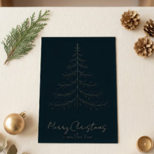 Gold Line Art Christmas Tree Dark Navy Blue Holiday Card