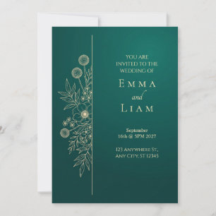 Gold Line Art Emerald Botanical Wedding Invitation