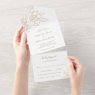 Gold Line Art Floral Elegant Wedding All In One Invitation
