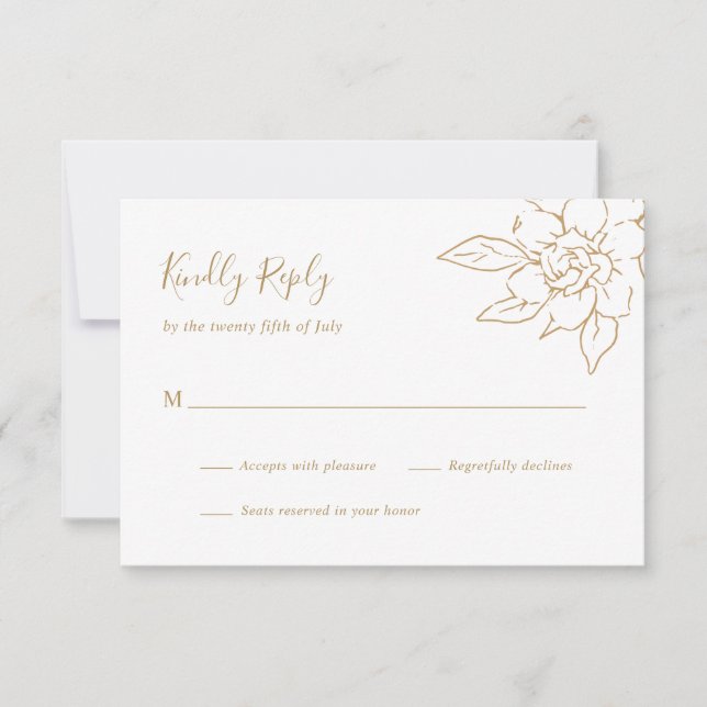 Gold Line Art Floral Elegant Wedding RSVP Card (Front)