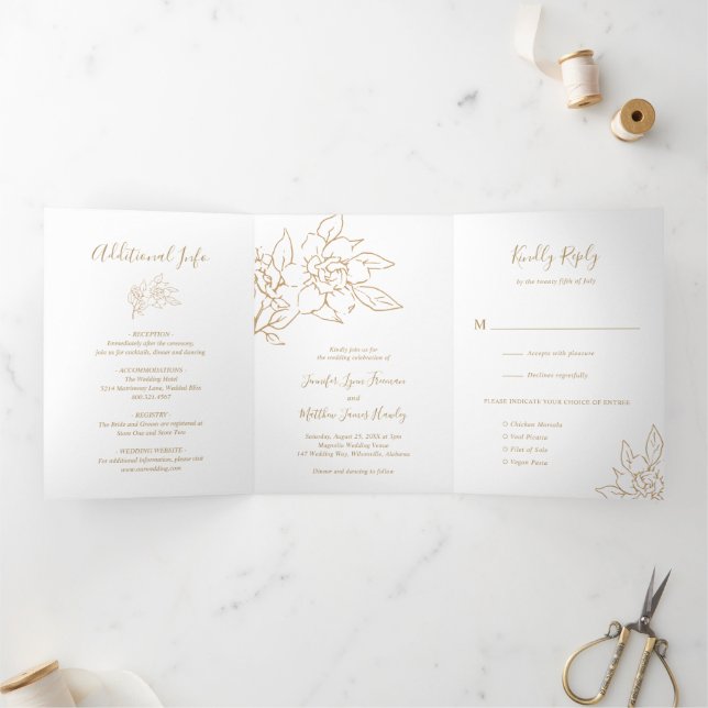 Gold Line Art Floral Elegant Wedding Tri-Fold Invitation (Inside)
