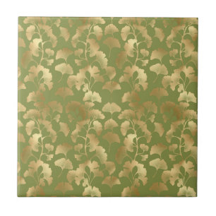 Gold Line Art Ginkgo Leaves Emerald Botanical Ceramic Tile