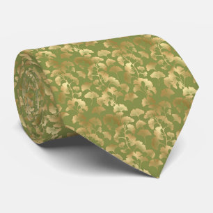 Gold Line Art Ginkgo Leaves Emerald Botanical Tie