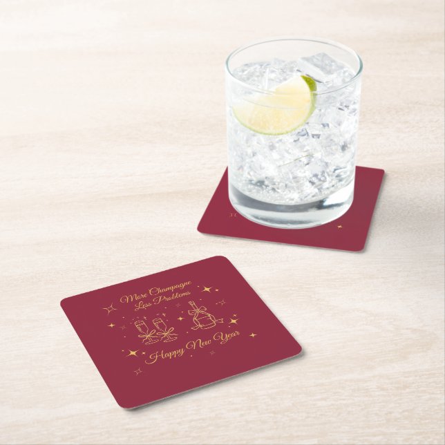 Gold Line Art New Year Design Square Paper Coaster (Insitu)