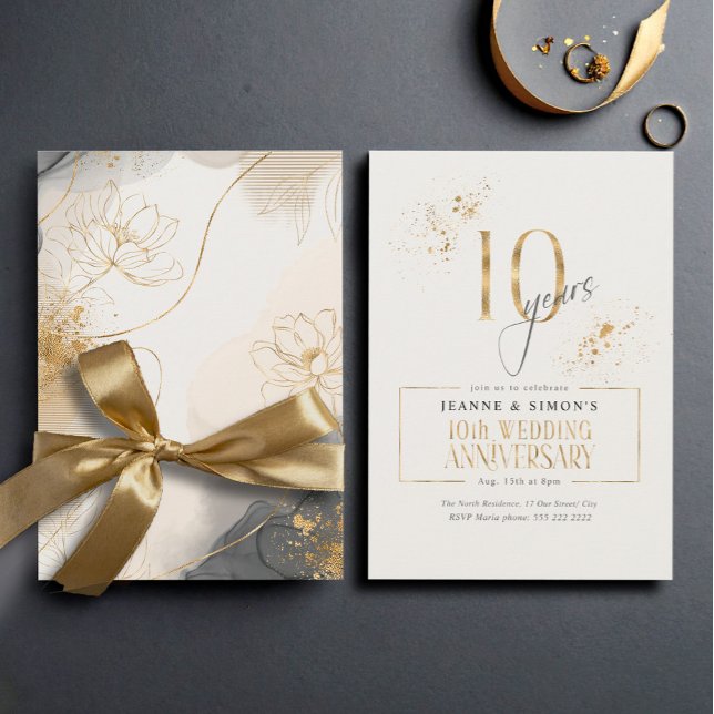 Gold Line Floral 10th Anniversary ID1169 Invitation (Creator Uploaded)