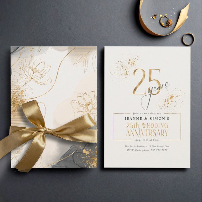 Gold Line Floral 25th Anniversary ID1169 Invitation (Creator Uploaded)