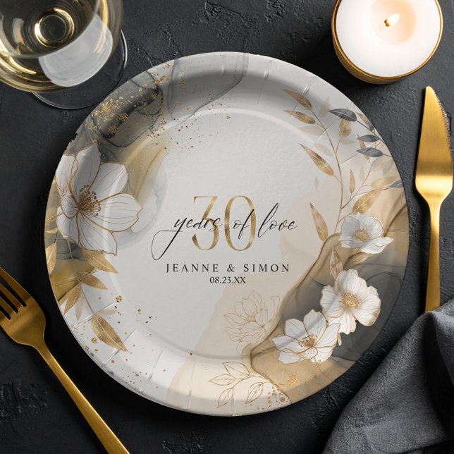 Gold Line Floral 30th Anniversary ID1169 Paper Plate (Creator Uploaded)