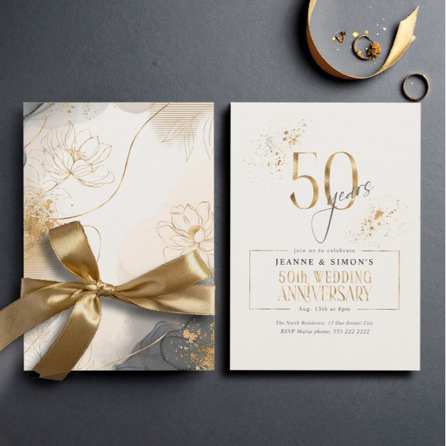 Gold Line Floral 50th Anniversary ID1169 Invitation (Creator Uploaded)