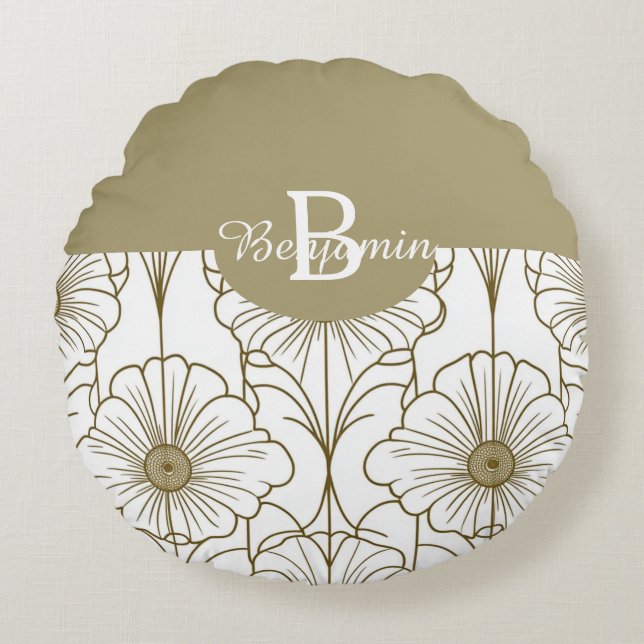 Gold Line Floral Pattern Round Pillow (Front)