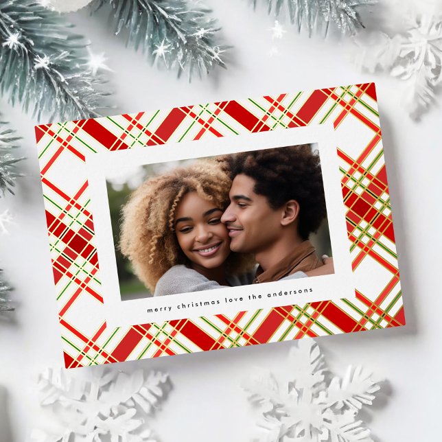 Gold Line Insets Plaid Christmas Framed Photo Foil Holiday Card (Creator Uploaded)