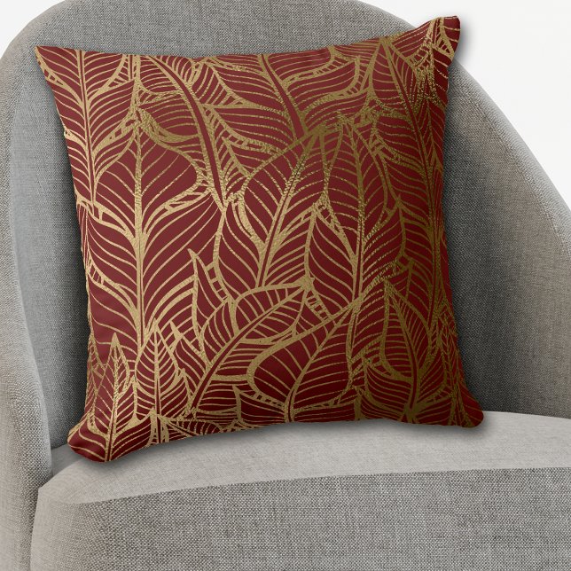 Gold Line Leaf Pattern on Maroon Red Throw Pillow (Creator Uploaded)