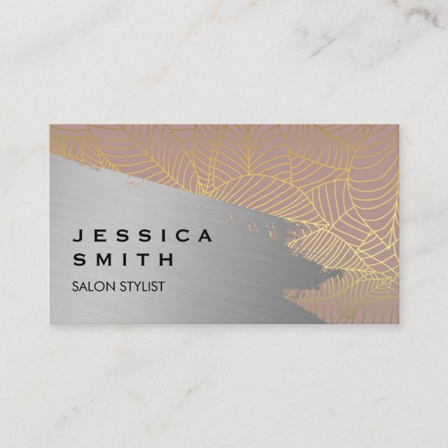 Gold Line Leaf Pattern | Silver Brushed Business Card (Front)