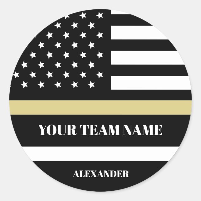 Gold Line U.S. Flag with Custom Team & Name  Classic Round Sticker (Front)