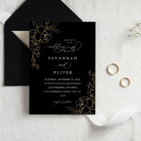 Gold Lined Floral Black Wedding Invitations