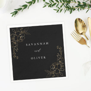 Gold Lined Floral Name Napkins - Black