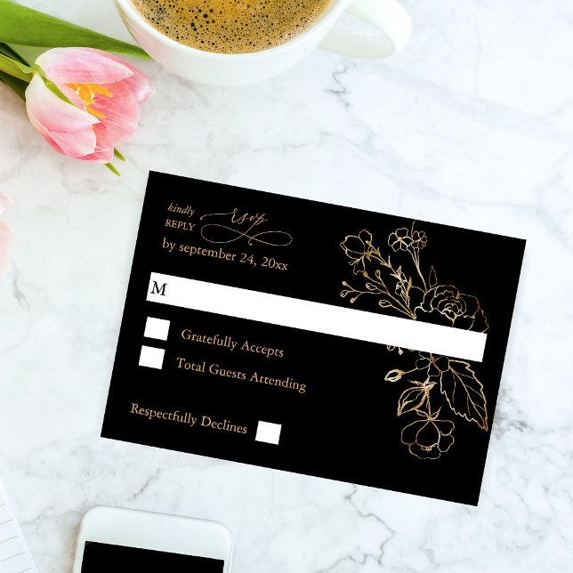 Gold Lined Floral on Black & Gold no Meal RSVP (Creator Uploaded)