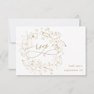 Gold Lined Floral on White & Gold w Meal RSVP 3 Card