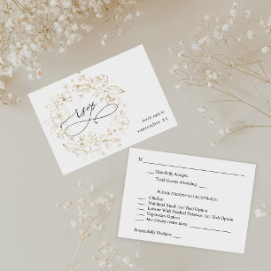 Gold Lined Floral on White w Meal RSVP 3 Card