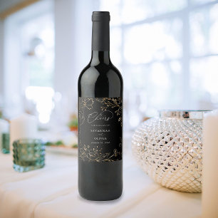 Gold Lined Floral Wedding - Black Wine Label