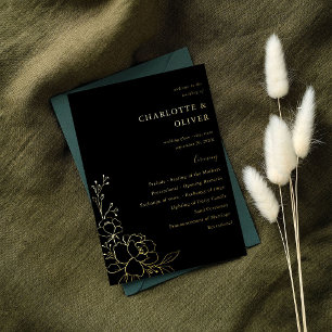 Gold Lined Floral Wedding Ceremony Program - Black