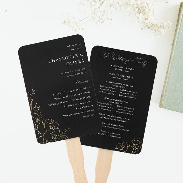 Gold Lined Floral Wedding Program - Black Hand Fan (Creator Uploaded)