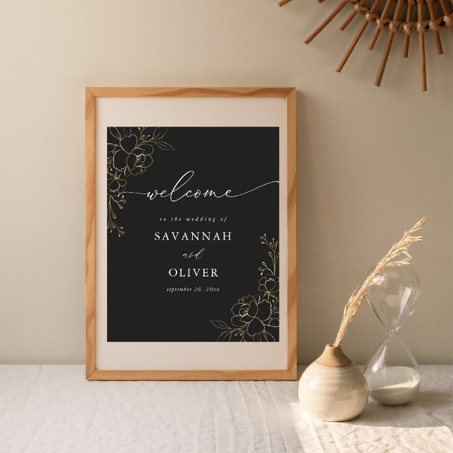Gold Lined Floral Wedding Welcome Sign - Black (Creator Uploaded)