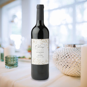 Gold Lined Floral Wedding Wine Label