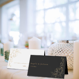 Gold Lined Floral White & Gold Place Card -B&W