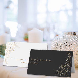 Gold Lined Floral White & Gold Place Card -B&W 2
