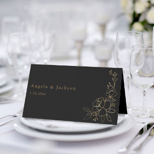 Gold Lined Floral White & Gold Place Card -Black