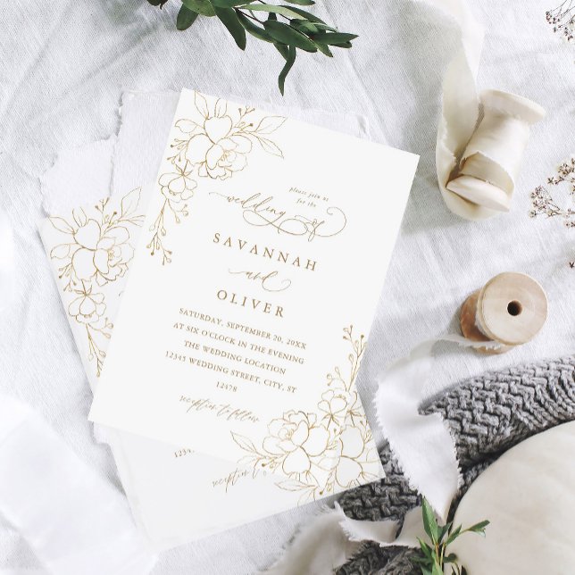 Gold Lined Floral White & Gold Wedding Invitations (Creator Uploaded)