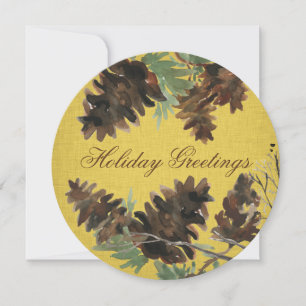 Gold Linen Pine Cones Christmas Greeting Card