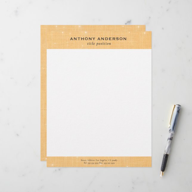 Gold Linen Texture with Subtle White Sparkle Custom Letterhead (Front/Back In Situ)