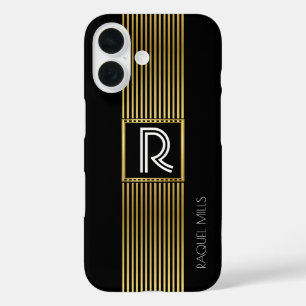gold lines monogram / monogrammed black iPhone 16 case