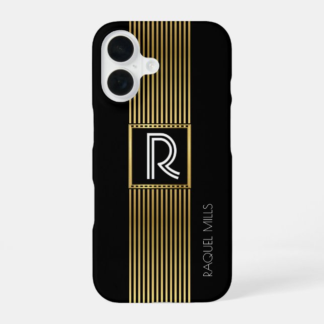 Gold lines Monogram / monogrammed black iPhone 16 Case (Back)